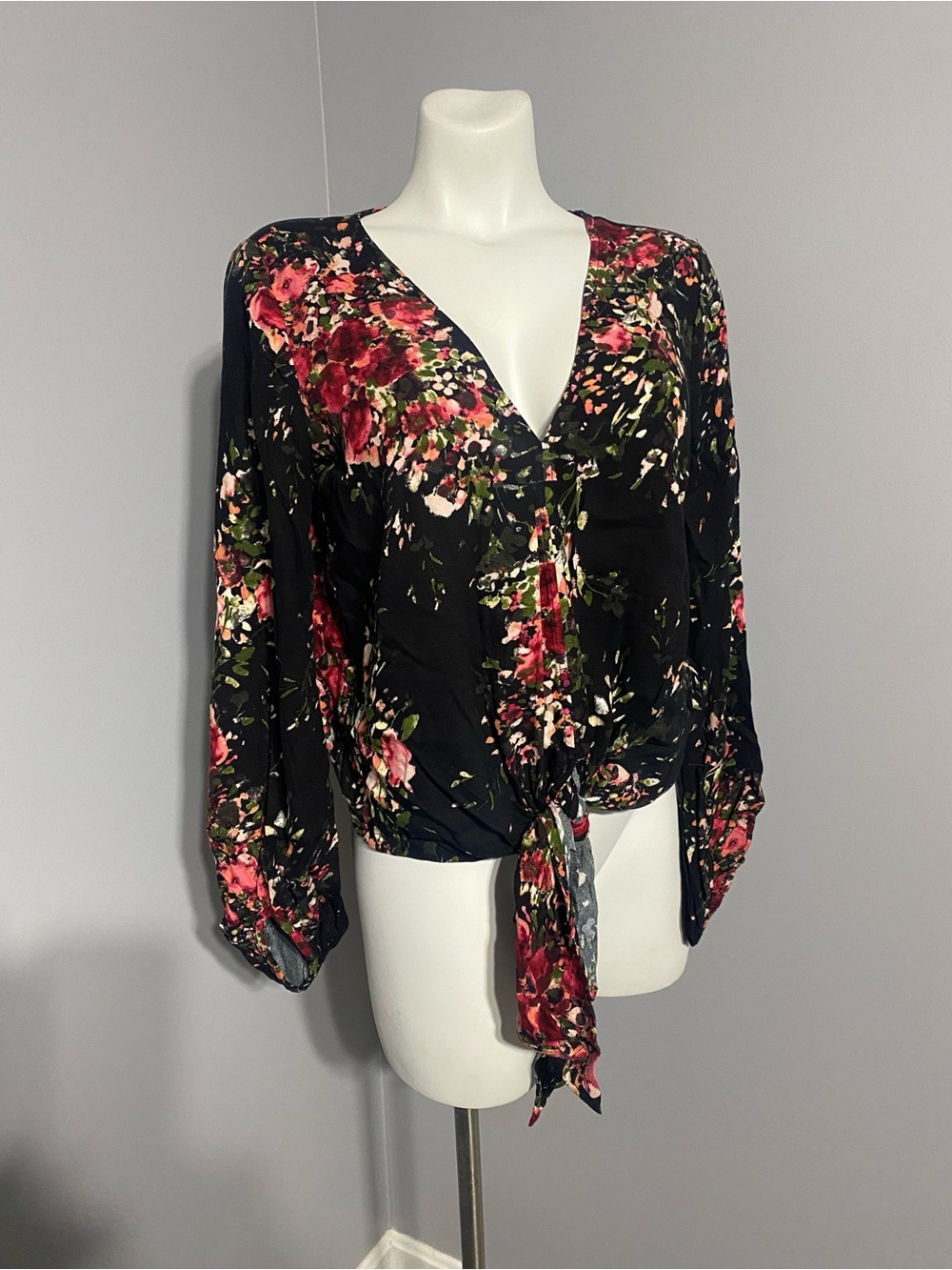 Love Stitch Black Floral Tie-Front Blouse